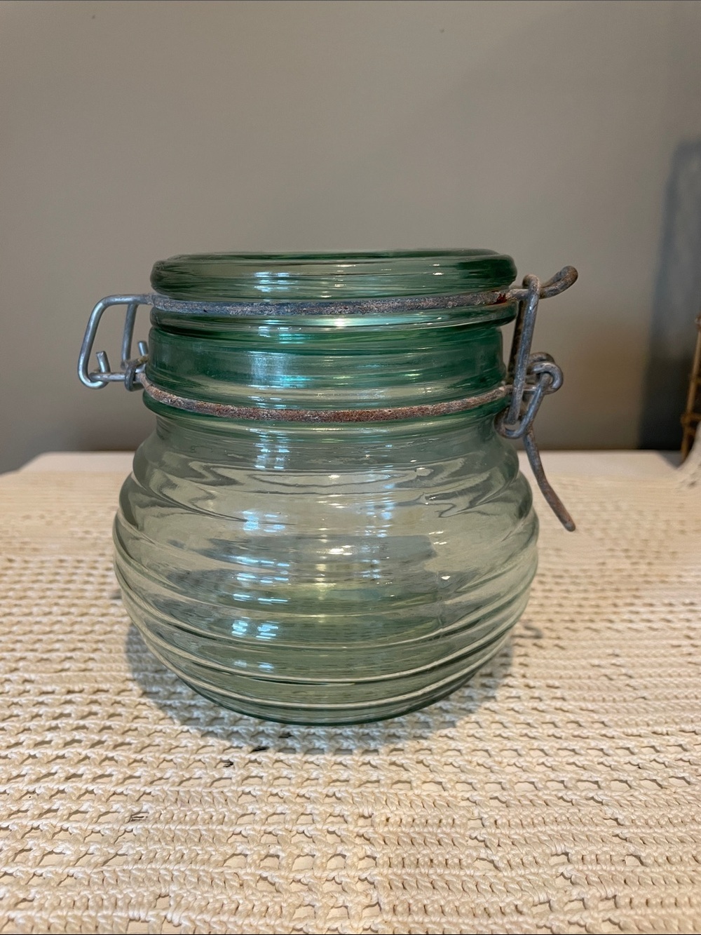 Vintage Green Glass Jar with Metal Clamp beehive jar